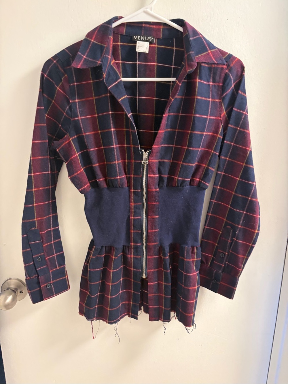 Venus Plaid Zip Front Corset Blouse Navy Red Peplum Smocked Waist Top sz 2